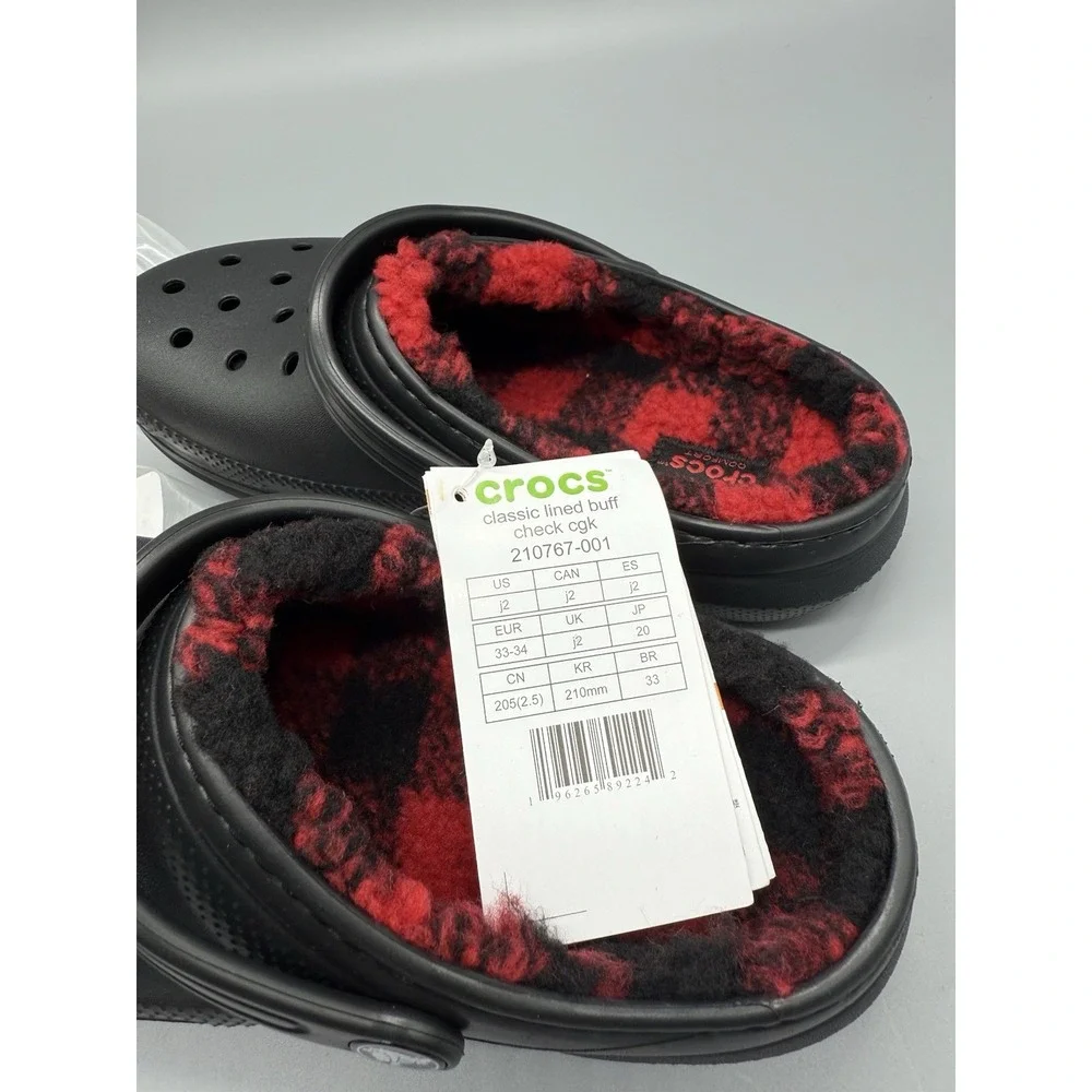 Crocs Classic Lined Red & Black Buffalo‎ Check Youth Kids Junior Size J2 NEW